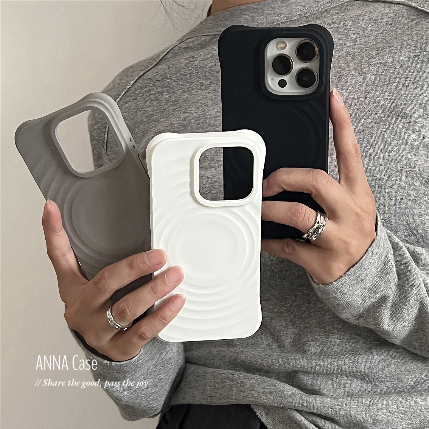 ANNACASE高级冷淡黑白灰波漾磁吸手机壳适用iphone16promax苹果15pro液态硅胶14新款16pro软壳13防摔保护套16