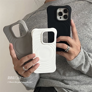 ANNACASE高级冷淡黑白灰波漾磁吸手机壳适用iphone17promax苹果15pro液态硅胶14新款 16pro软壳17防摔保护套16