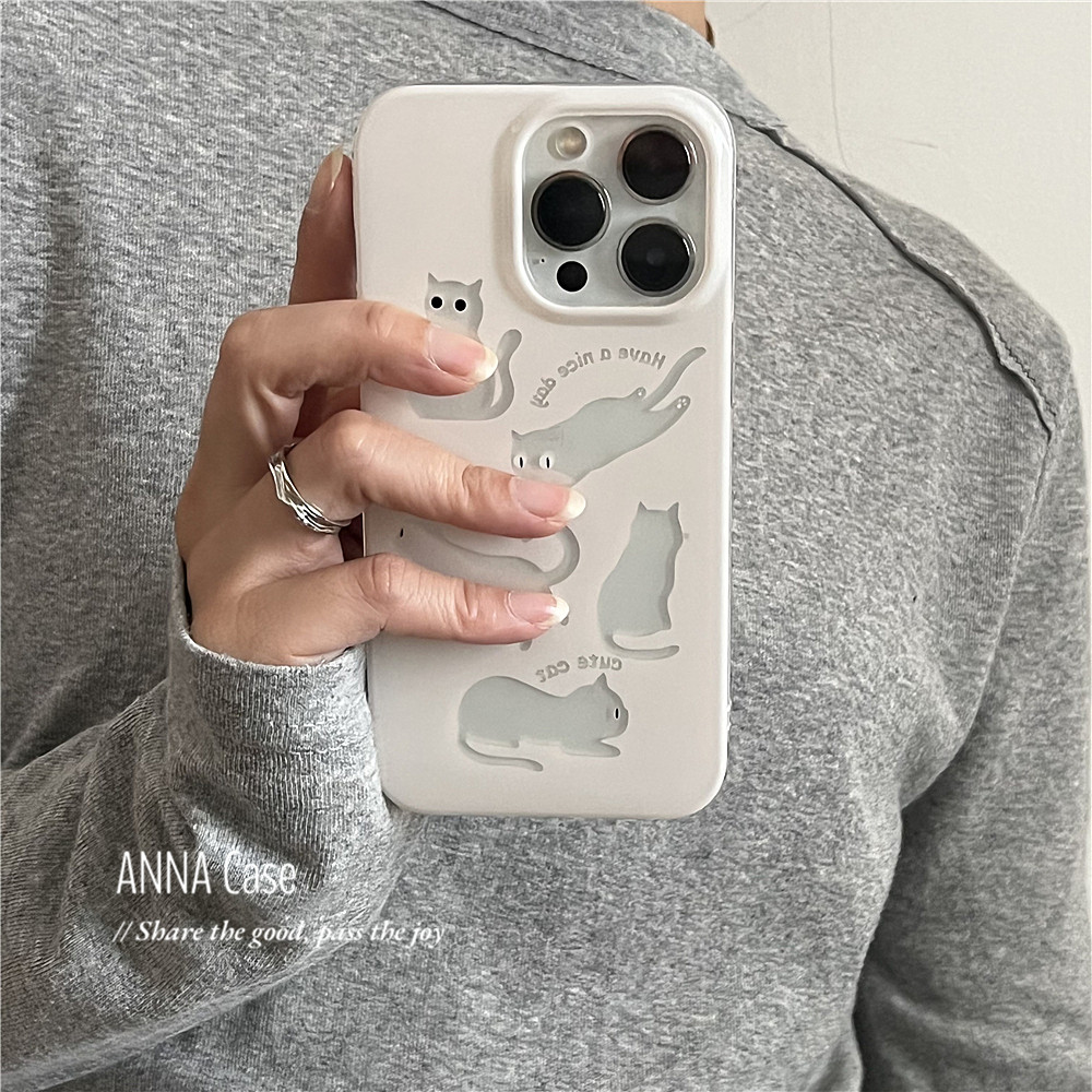 ANNACASE小众可爱米白透明猫咪适用苹果16promax手机壳iphone14光面12pro新款15全包16女13promax防摔保护套