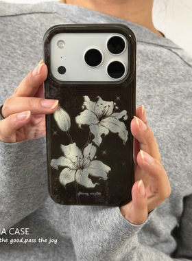 秋冬艺术黑咖细闪百合花手机壳
