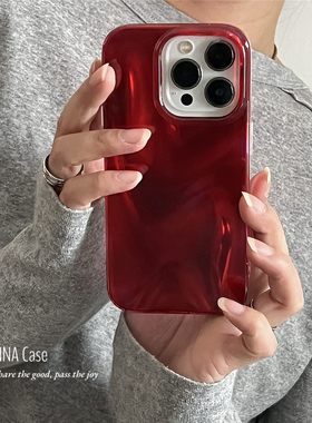 ANNACASE高级感秋冬复古红水波纹手机壳适用iphone17promax苹果16小众16promax新款15pro女14防摔保护套17软