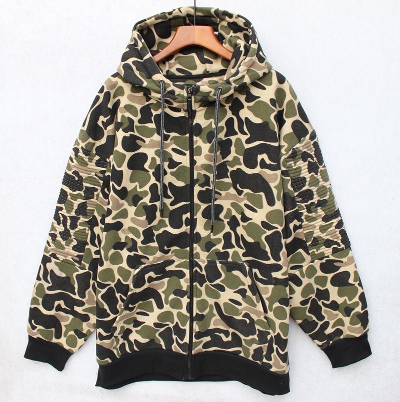 外单 男士加绒迷彩卫衣 连帽休闲运动大码嘻哈风拉链夹克外套