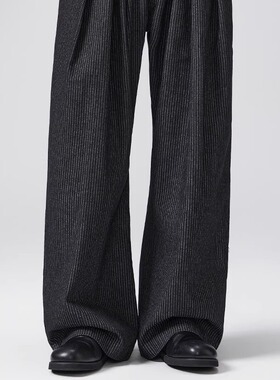 BIGBOY秋冬新款黑条纹弯刀褶皱西裤牛仔裤男阔腿设计感宽松裤子