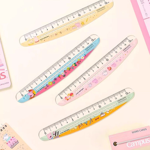 新品日本kokuyo国誉小猪佩奇联名弯弯波浪尺多功能直尺15cm尺子简约创意高颜值中学生绘图多功能测量刻度尺
