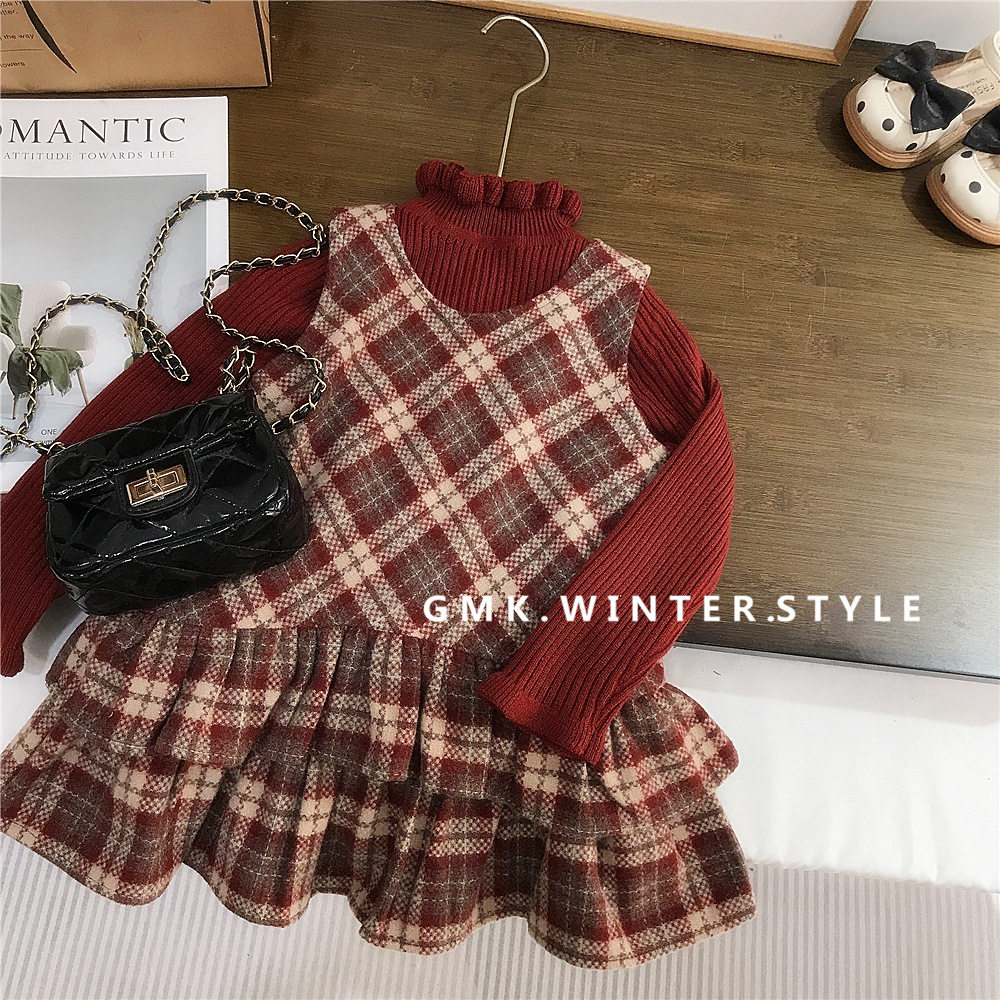 女童秋冬毛呢格子裙两件套冬季新款女宝宝甜美洋气毛衣背心裙