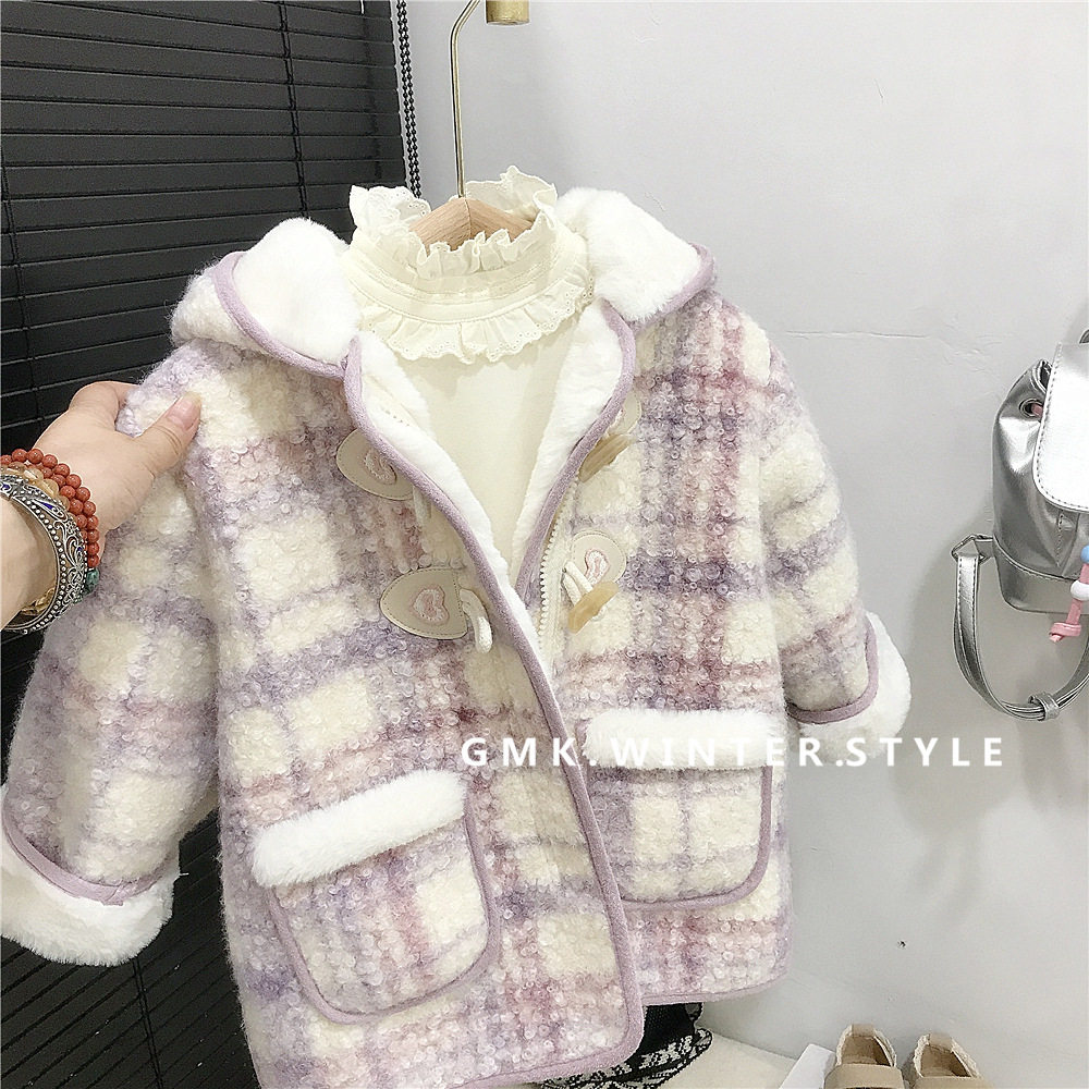 女童装秋冬外套连帽新款儿童洋气加绒呢子冬季女宝宝格子毛