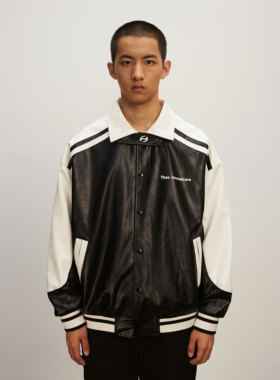 THOS 23AW 秋新款撞色拼接机车复古夹克小众印花PU皮衣情侣款外套