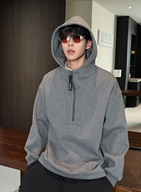 THCS秋冬韩系立领高级感半拉链连帽卫衣男2025新款保暖帽衫外套潮