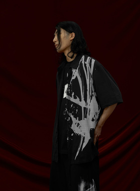 THOS 暗黑风复古网点印花短袖衬衫百搭宽松休闲天丝垂感情侣衬衣