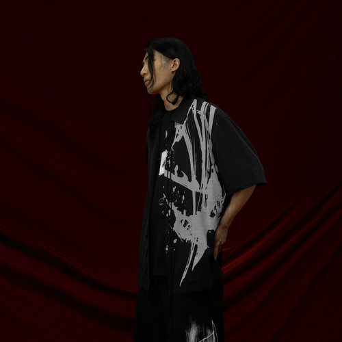 THOS暗黑风复古网点印花短袖衬衫