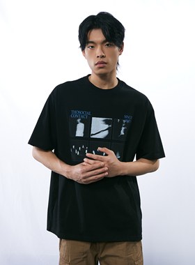 THOS 23SS做旧人像照片白墨印花重磅短袖宽松复古情侣夏季圆领T恤
