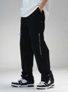 THOS 23SS 柳钉脚口飘带拉链半松紧工装裤国潮牌小众宽松造型裤男