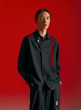 THOS 22AW解构拼接衬衫 秋季设计感国潮牌小众长袖黑红拼色衬衣