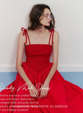 果小姐泰国代购 Pleased正品 法式浪漫红色拼色长款吊带连衣裙