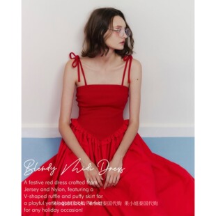 果小姐泰国代购 Pleased正品 法式浪漫红色拼色长款吊带连衣裙