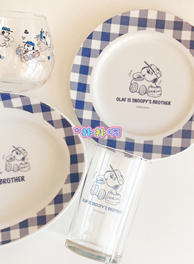 现货日本采购秋冬新款复古蓝色格子史努比奥拉夫olaf陶瓷盘玻璃杯