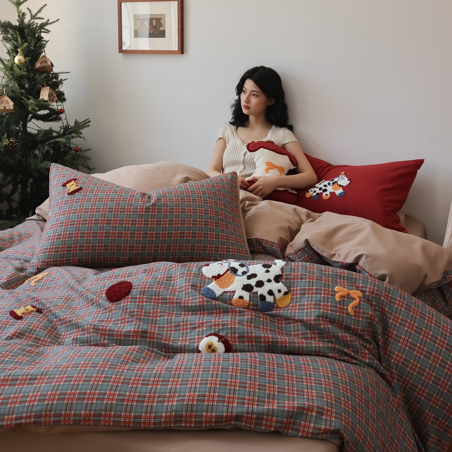 A类母婴级60支全棉毛巾绣磨毛四件套纯棉卡通风床单被套床品1.8米