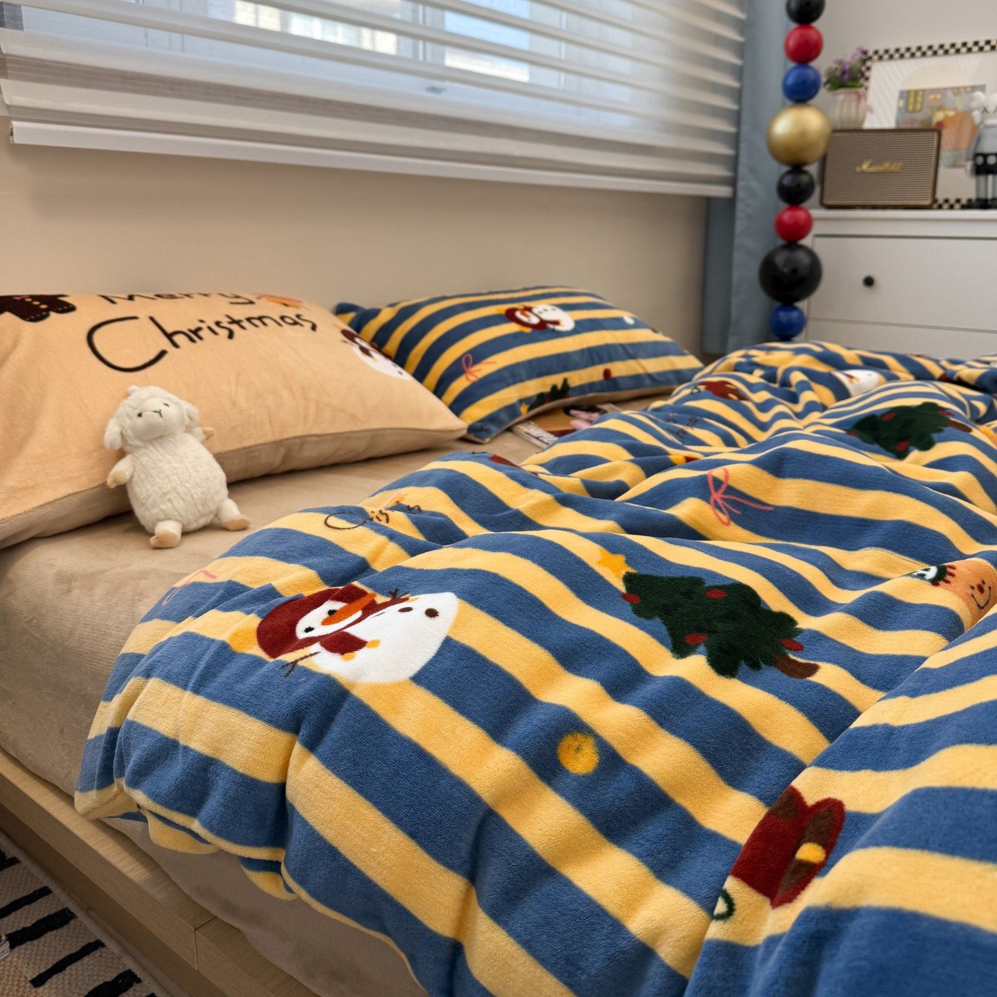 圣诞节卡通条纹秋冬加厚牛奶绒四件套双人法兰绒被套床笠保暖床品