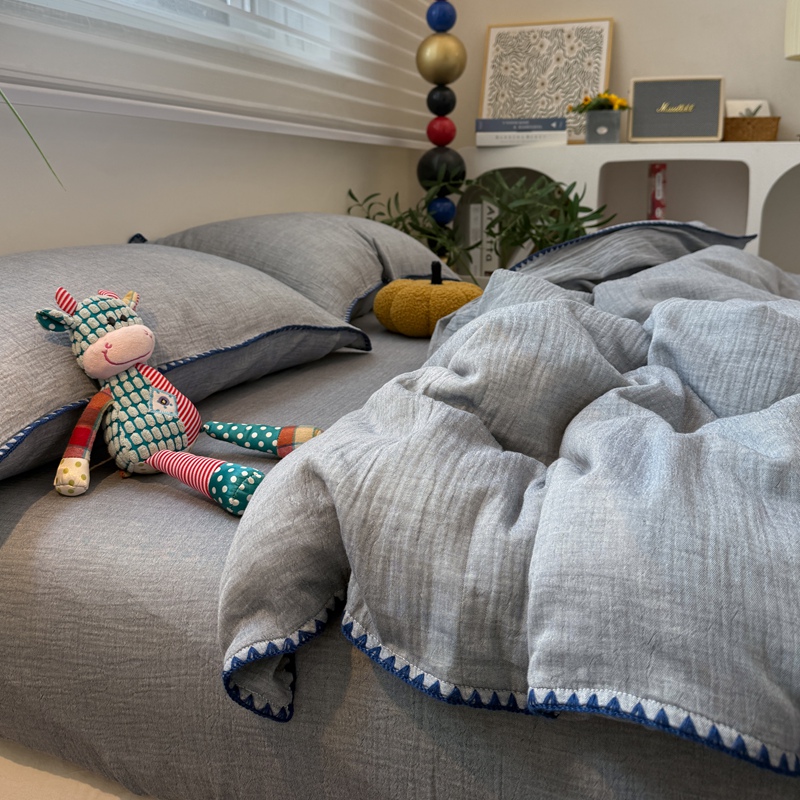 轻奢A类全棉双层皱皱纱双层纱四件套纯棉被套床单高级感床上用品