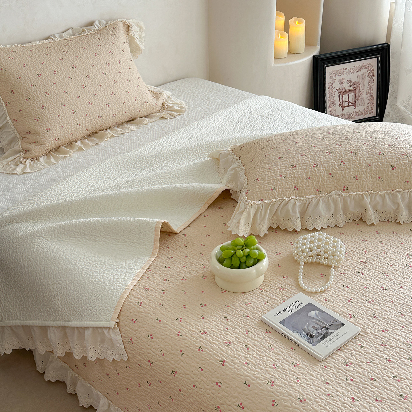 法式复古风全棉双层纱床盖韩式花边款纯棉绗缝加厚防滑床单被单3