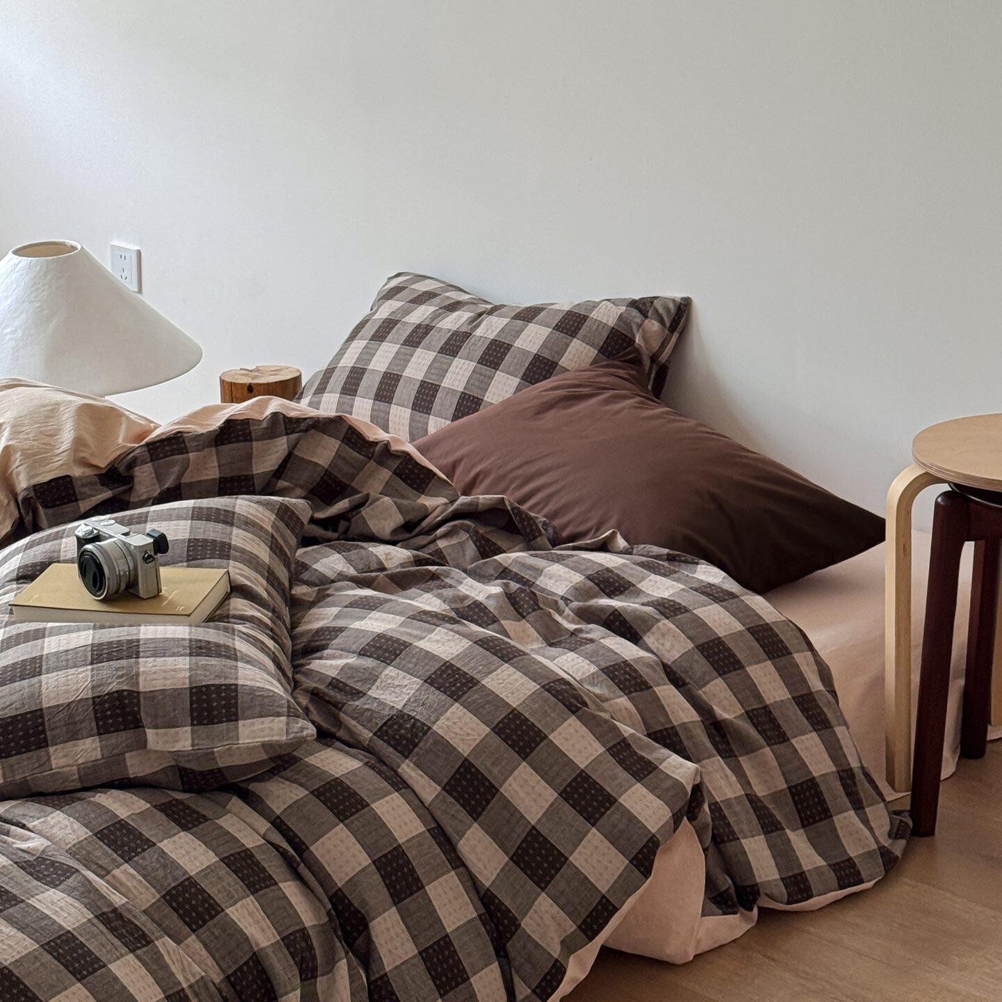 简约风黑白格子全棉水洗棉床上四件套纯棉被套床单床笠床品四季款