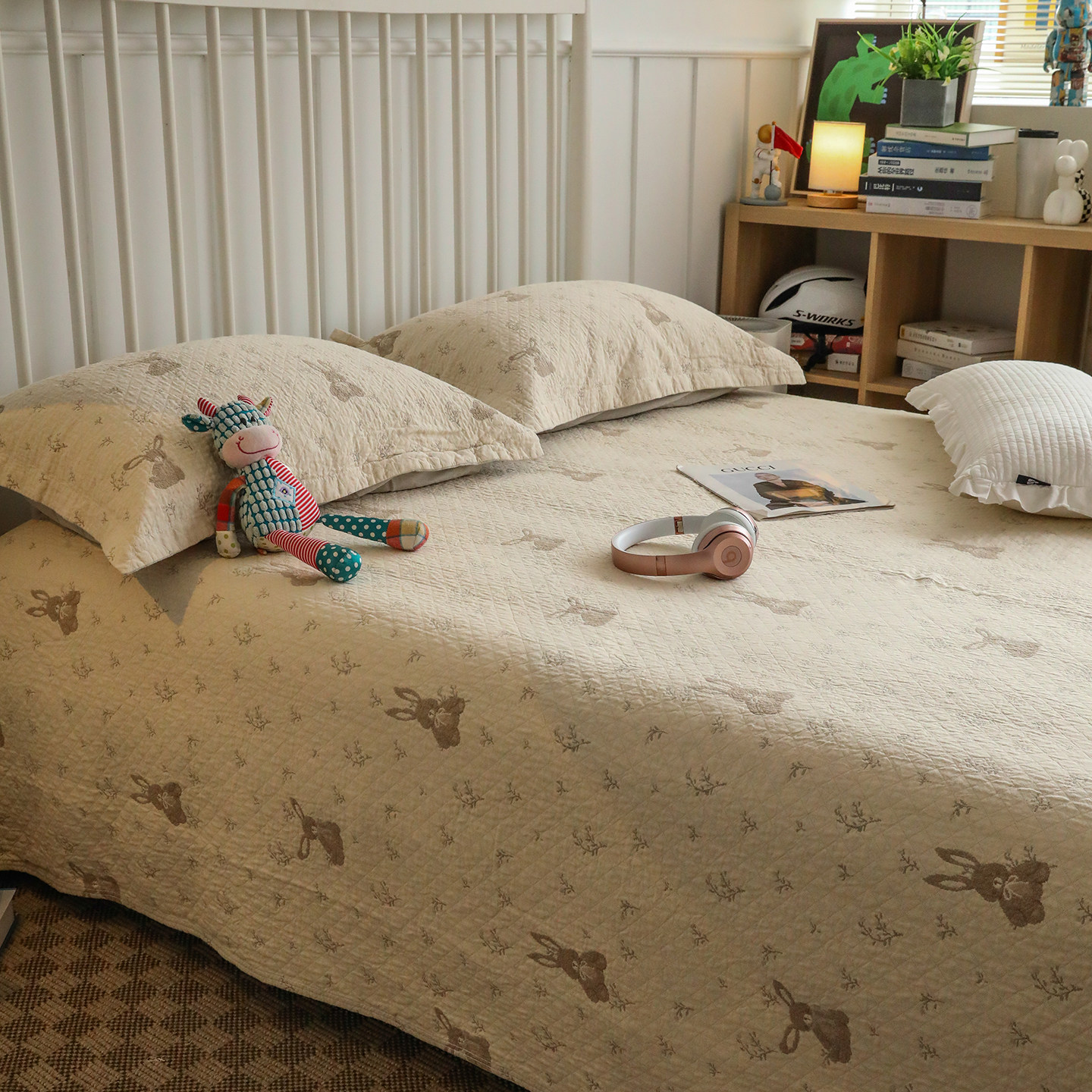 卡通兔兔全棉四层纱布床盖双人防滑加厚不移位床单三件套四季通用