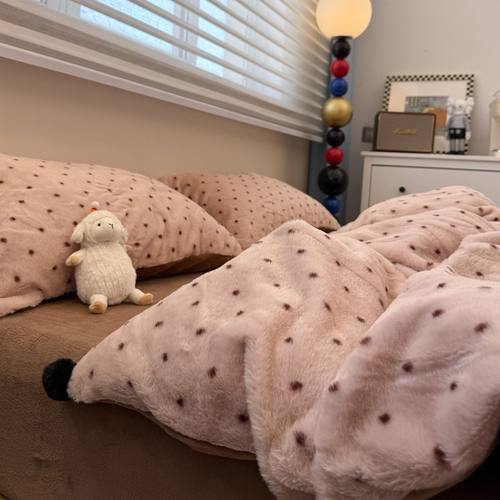 ins秋冬毛球兔绒牛奶绒咖色床上四件套珊瑚绒1.5m1.8米学生三件套