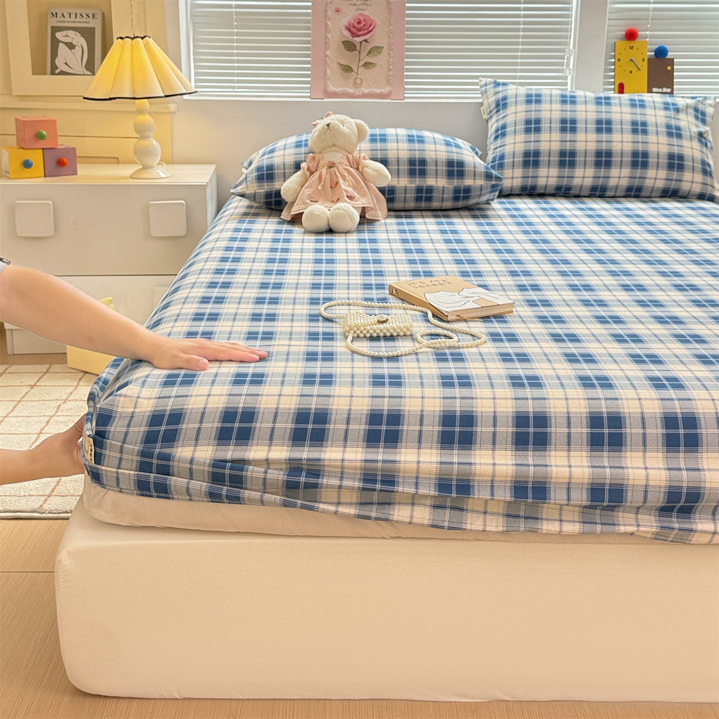 冬季保暖纯棉磨毛蓝格子全棉床笠单件床垫保护套床单防尘防滑床罩