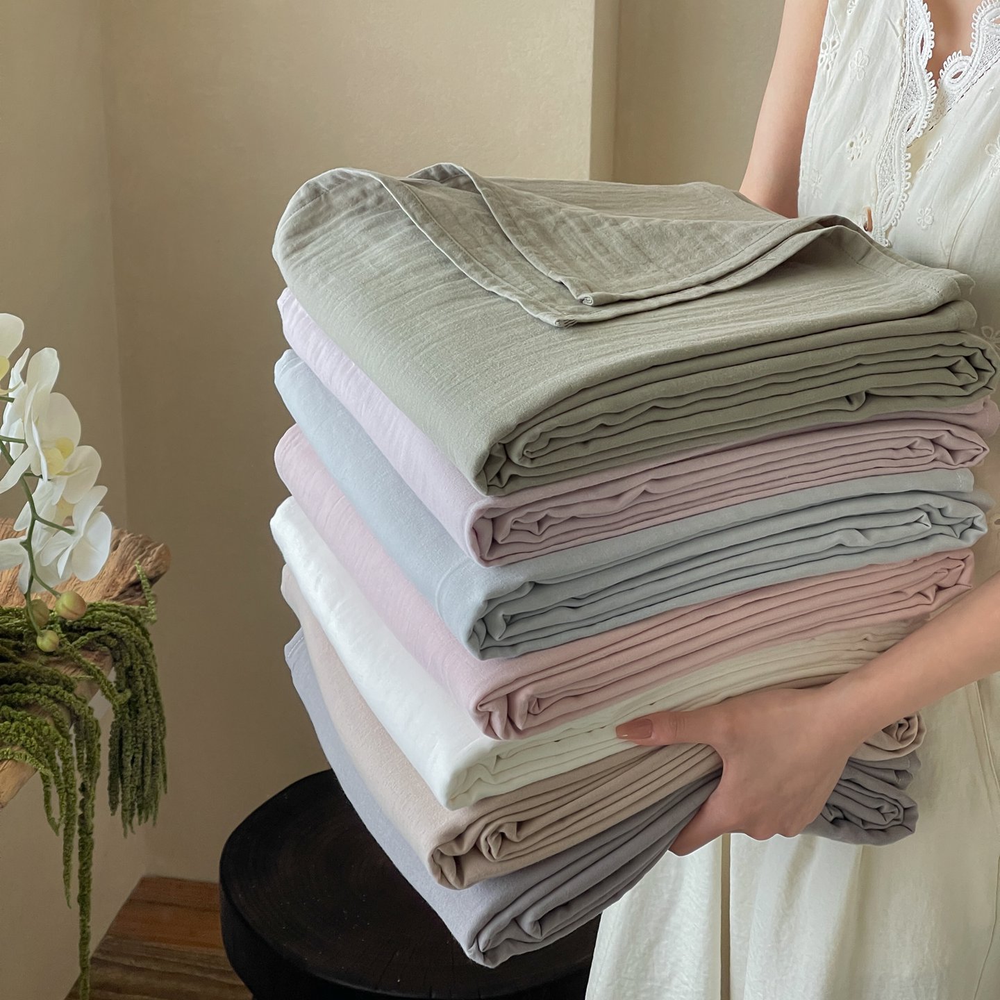 柔软透气简约风纯色全棉双层纱床单床笠席梦思保护罩家用床垫床罩