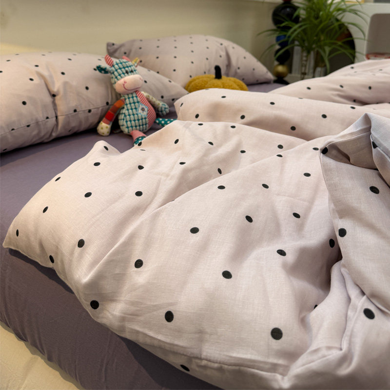 简约风黑色波点双层纱纯棉床上四件套1.8m少女心全棉床单被套床品