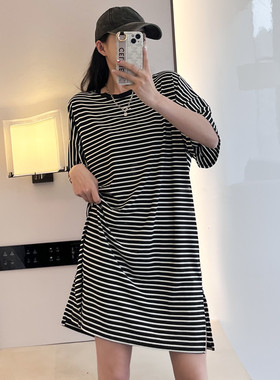 莫代尔条纹连衣裙女夏季宽松大码薄款a字裙短袖中长款睡裙可外穿