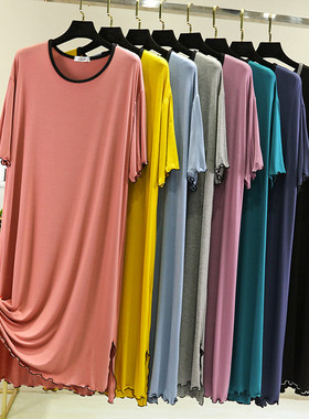 莫代尔长裙女夏季木耳边薄款大码宽松连衣裙短袖睡裙外穿a字裙子