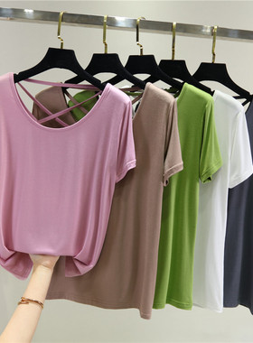 圆领韩版T恤女薄款漏背网红莫代尔性感宽松isn显瘦纯色短袖打底衫