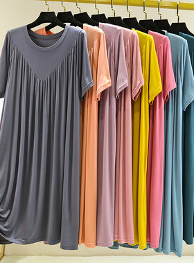 莫代尔宽松连衣裙女夏薄款睡裙大码加肥加大胖mm中长款百褶a字裙