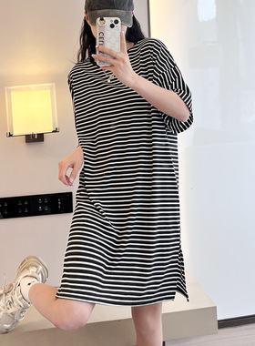 短袖条纹连衣裙女夏季可外穿宽松大码薄款莫代尔a字裙中长款睡裙