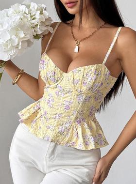 ins欧美风春夏碎花不规则荷叶边灯显新款性感露背系带裹胸71027