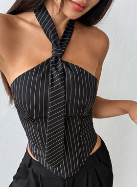 韩国chic复古小心机挂脖领带显鱼骨无袖条纹背心上衣女71261