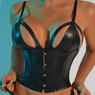 新款pu皮性感塑身衣套装鱼骨胸衣欧美风小吊带背心束胸亚马逊