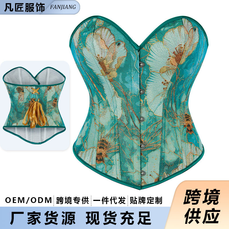 春季新款宫廷风corset紧身胸衣绿蜜蜂提花面料身外穿塑身上衣