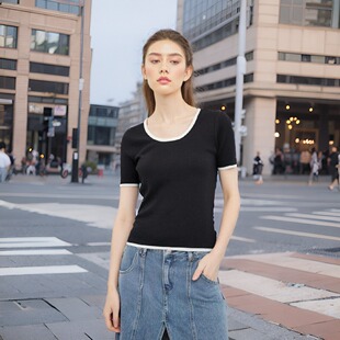 法式靓妹女装高品质柔软针织衫U领气质百搭修身弹力高腰显瘦上衣