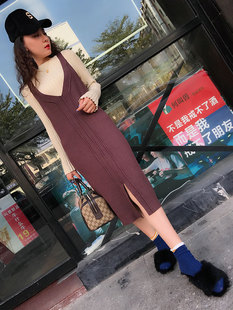 9255嘟嘟猫外贸针织 韩版气质 冬季新款女装V领中长款背带连衣裙
