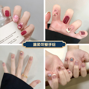 萤火虫手指美甲贴片 显白手绘可爱小熊爱心跳色纯手工学生穿戴甲