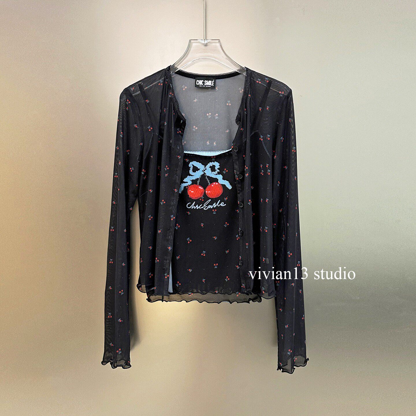 碎花网纱小衫+樱桃吊带两件套T恤