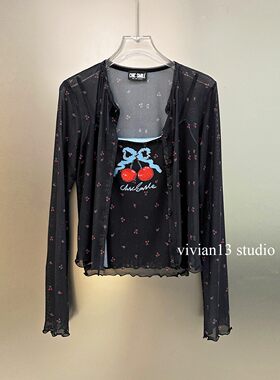 碎花网纱小衫+樱桃吊带两件套T恤