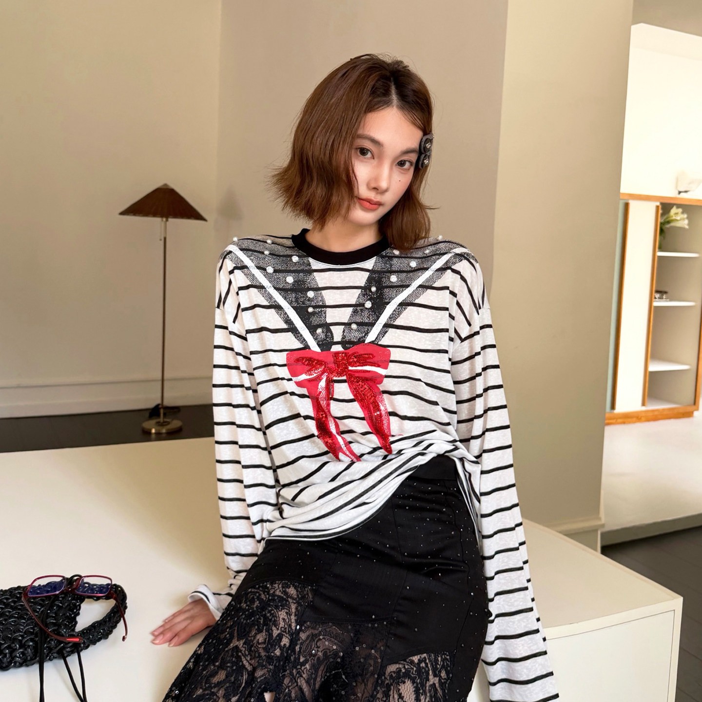 结披肩领印花条纹T恤女