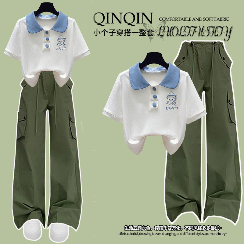 【上衣纯棉】运动套装少女夏装活泼女孩娃娃领短袖工装裤两件套