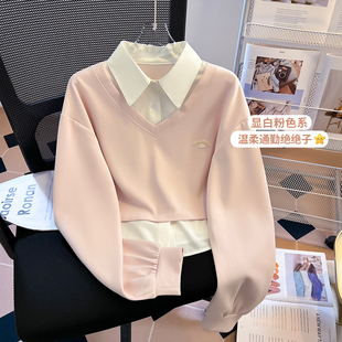 Polo领衬衫 上衣设计感 假两件卫衣女春秋季 初中学生宽松学院风短款