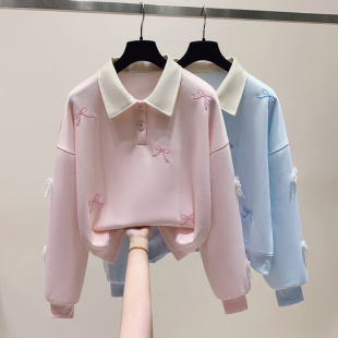 立体蝴蝶结刺绣Polo领卫衣少女春秋装 上衣 新款 初高中学生甜美时尚