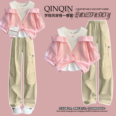初中学生夏装2025新款假两件T恤洋气少女又酷又飒穿搭一整套高中