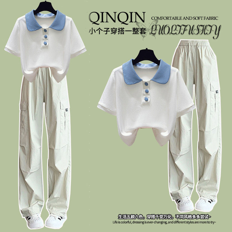 【上衣纯棉】运动套装少女夏装活泼女孩娃娃领短袖工装裤两件套